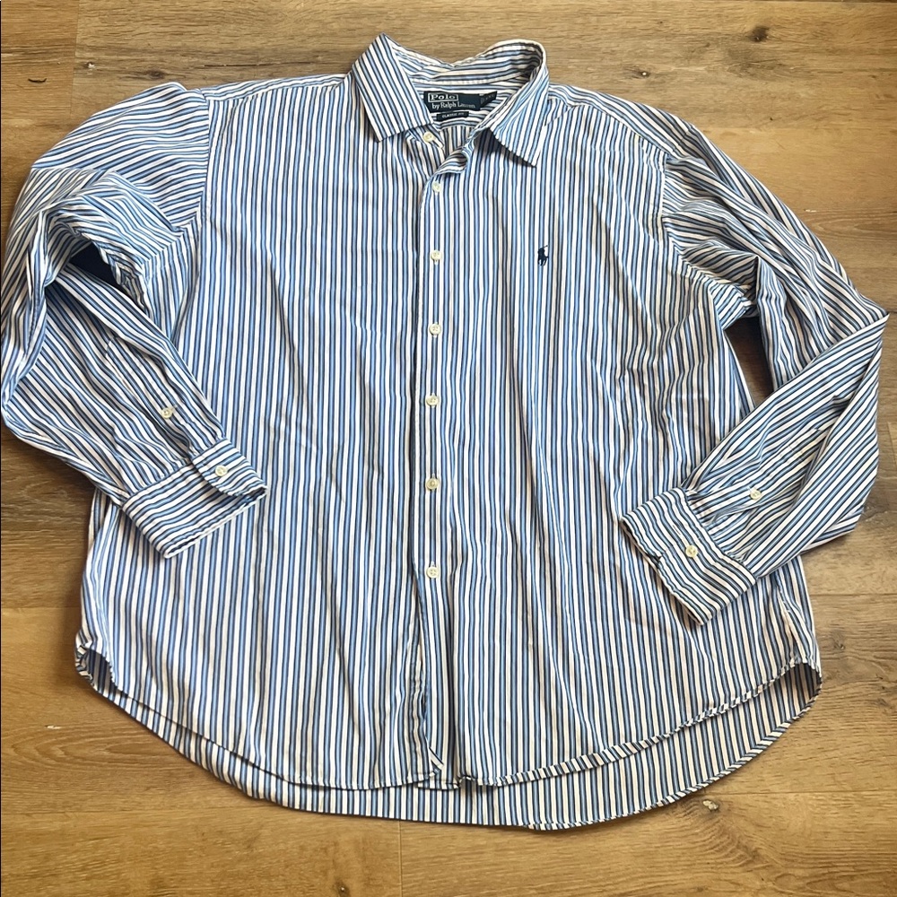 Ralph Lauren XXL Blue and White Striped Cotton Button-Up Shirt